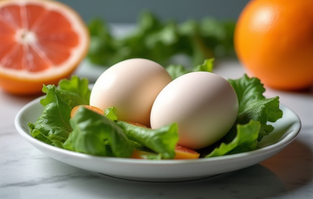 2 сваренных яйца, листовой салат или сельдерей, грейпфрут