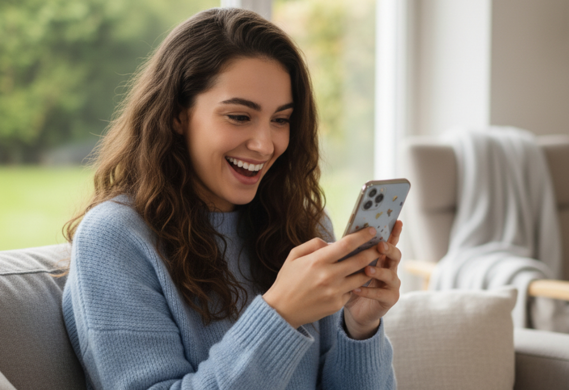 Девушка радуется уведомлению о пополнении средств