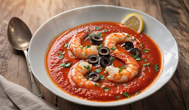 Томатный суп с креветками и маслинами