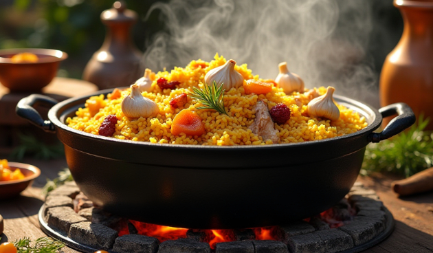 Плов с курицей и сухофруктами в казане