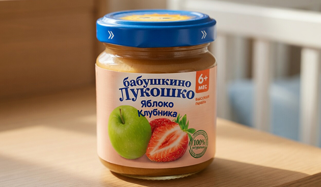 Фруктовое пюре из яблок и клубники «Бабушкино лукошко»
