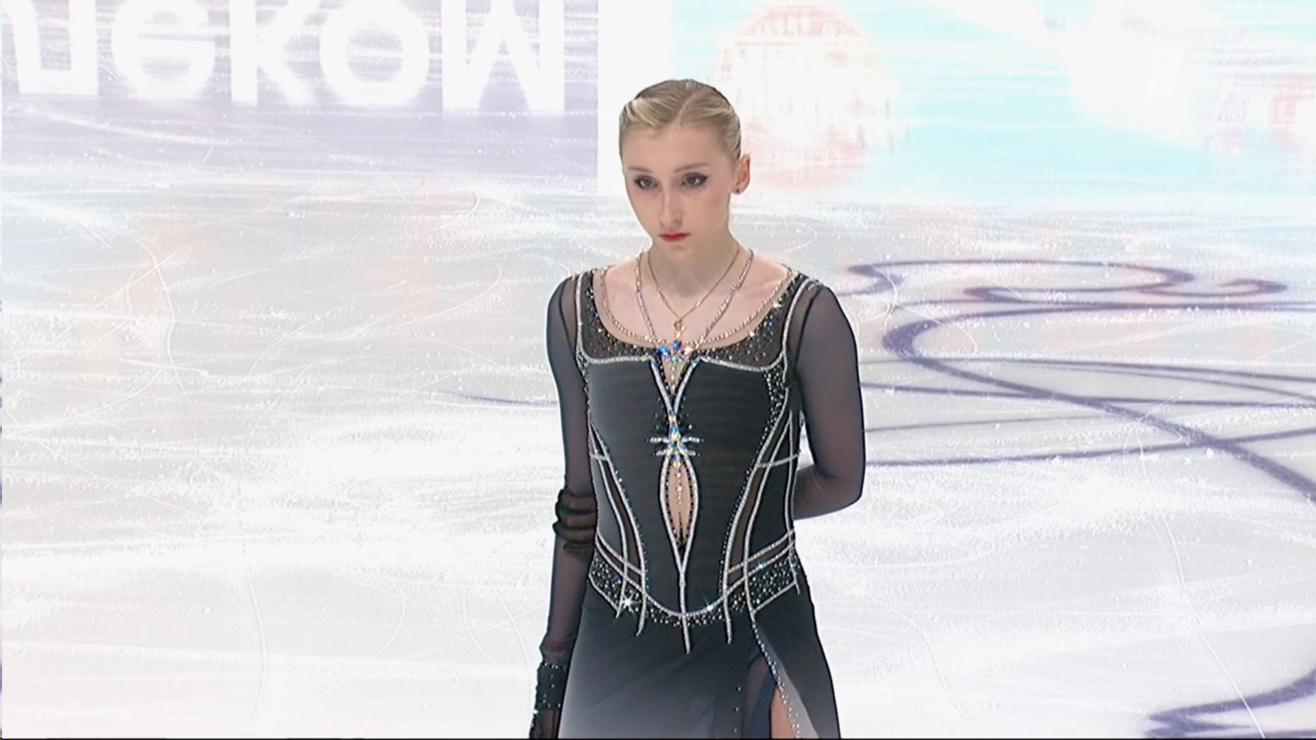 Софья Муравьева на старте короткой программы на чемпионате России. Фото: стоп-кадр прямого эфира 