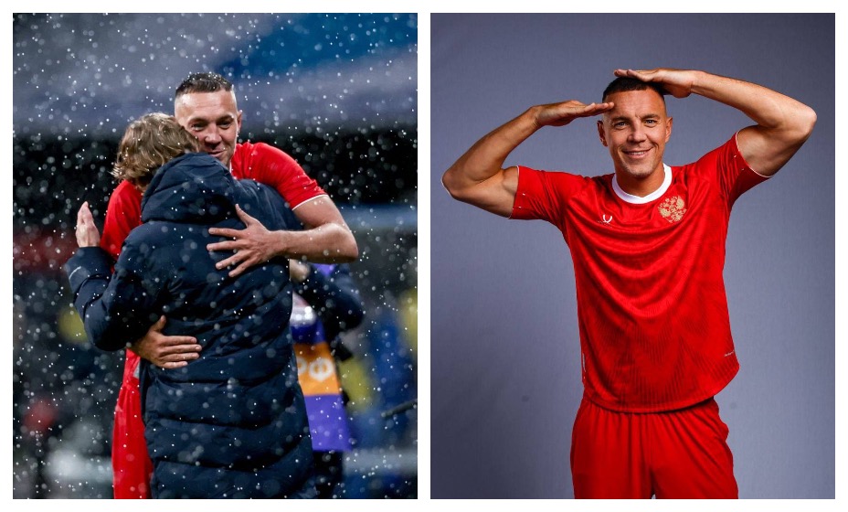 Дзюба обнял Карпина после того, как установил рекорд по голам за сборную. Фото: коллаж