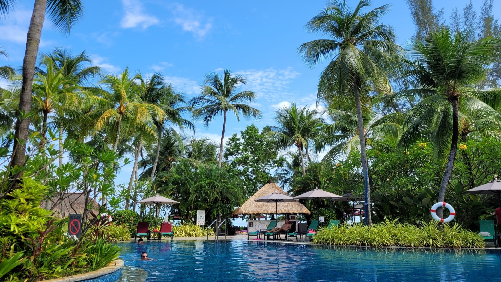 Тропический бассейн отеля PARKROYAL Penang Resort, окруженный зеленью.